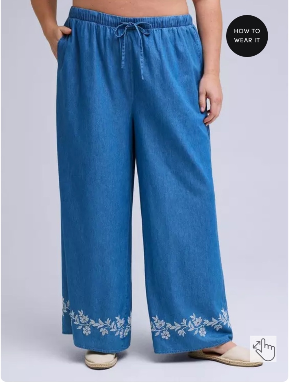 Torrid size 2 LONG Belle aisle Chambray Embroidered WIDE leg pants